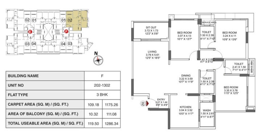 Floor plan of 3 BHK 1175 Sq. Ft. Apartment in Pride Enchanta II, Bangalore