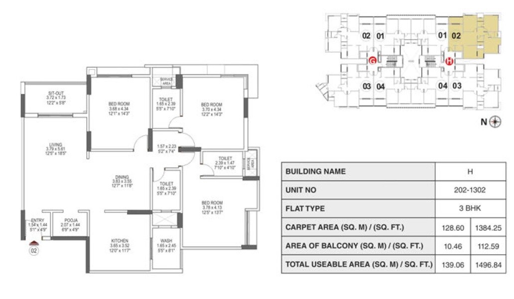 Floor plan of 3 BHK 1384 Sq. Ft. Apartment in Pride Enchanta II, Bangalore