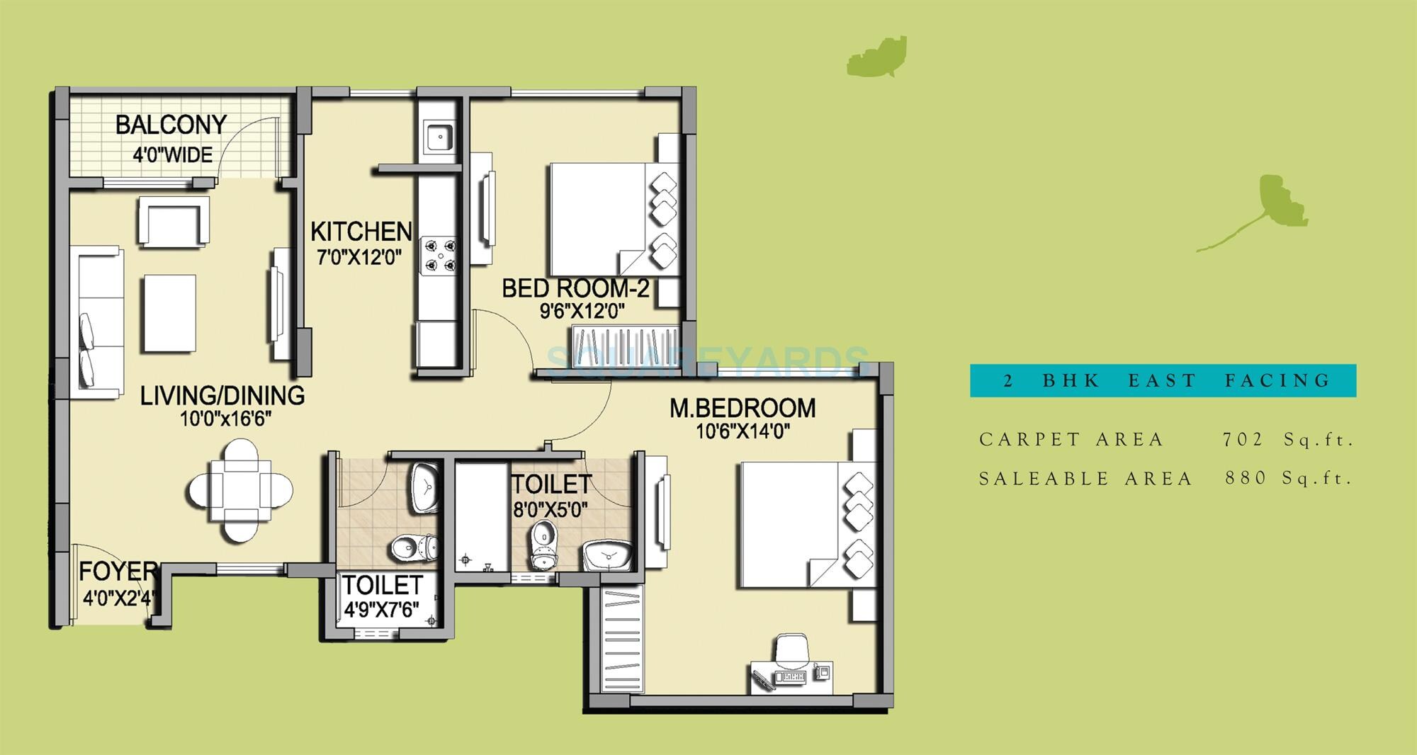 Floor plan of 2 BHK 880 Sq. Ft. Apartment in Pride Horizon, Bangalore