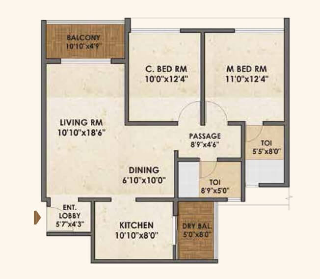 Floor plan of 2 BHK 1203 Sq. Ft. Apartment in Pride Palatia, Bangalore
