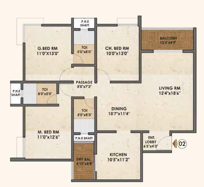 Floor plan of 3 BHK 1648 Sq. Ft. Apartment in Pride Palatia, Bangalore
