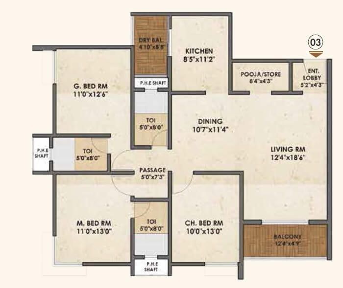 Floor plan of 3 BHK 1572 Sq. Ft. Apartment in Pride Palatia, Bangalore