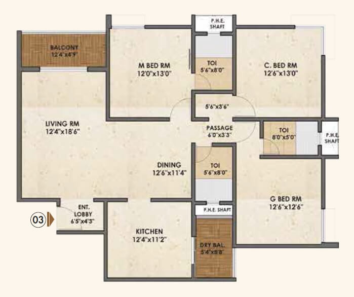 Floor plan of 3 BHK 1797 Sq. Ft. Apartment in Pride Palatia, Bangalore