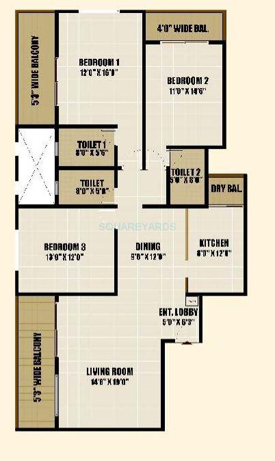 Floor plan of 3 BHK 1567 Sq. Ft. Apartment in Pride Pavilion, Bangalore