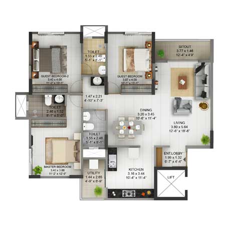 Floor plan of 3 BHK 1796 Sq. Ft. Apartment in Pride Pegasus, Bangalore