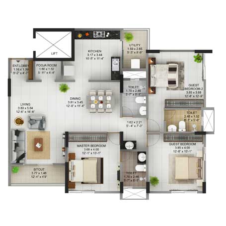 Floor plan of 3 BHK 1816 Sq. Ft. Apartment in Pride Pegasus, Bangalore