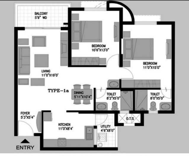 Floor plan of 2 BHK 1080 Sq. Ft. Apartment in Pride Pristine, Bangalore