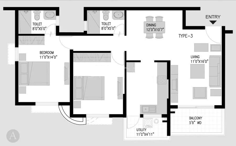 Floor plan of 2 BHK 1180 Sq. Ft. Apartment in Pride Pristine, Bangalore