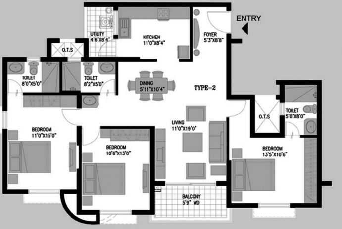 Floor plan of 3 BHK 1505 Sq. Ft. Apartment in Pride Pristine, Bangalore