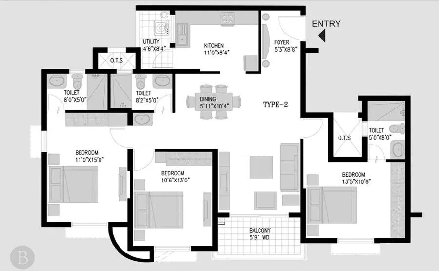 Floor plan of 3 BHK 1295 Sq. Ft. Apartment in Pride Pristine, Bangalore