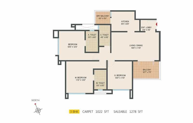 Floor plan of 3 BHK 1278 Sq. Ft. Apartment in Pride Spring field, Bangalore