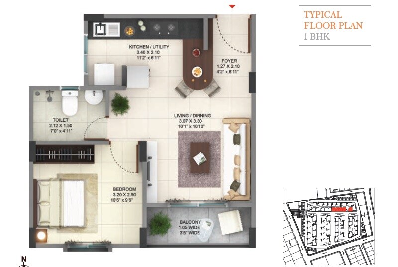 Floor plan of 1 BHK 572 Sq. Ft. Apartment in Pride Sunrise, Bangalore
