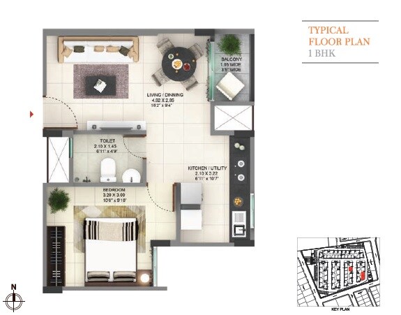 Floor plan of 1 BHK 618 Sq. Ft. Apartment in Pride Sunrise, Bangalore