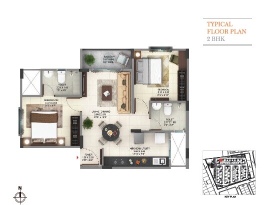 Floor plan of 2 BHK 822 Sq. Ft. Apartment in Pride Sunrise, Bangalore