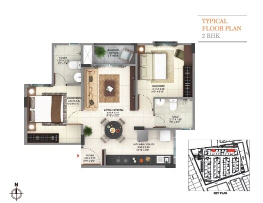 Floor plan of 2 BHK 943 Sq. Ft. Apartment in Pride Sunrise, Bangalore