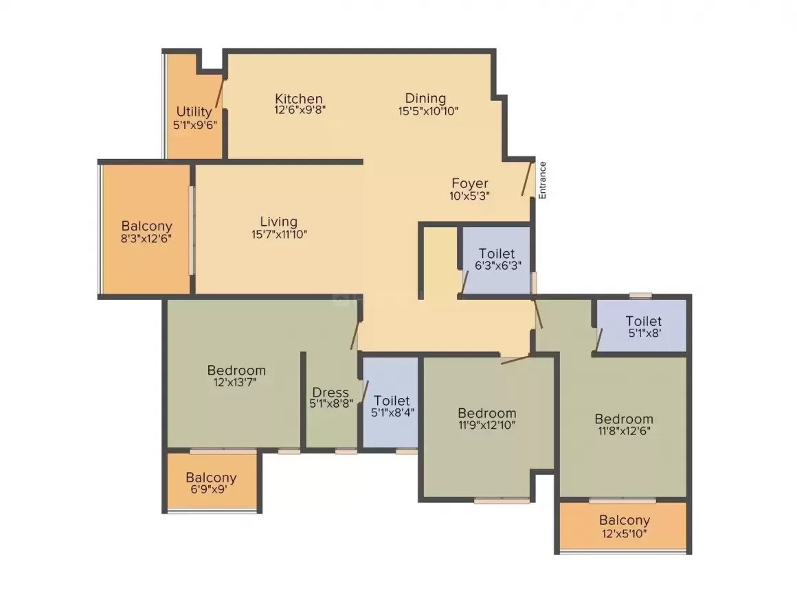 Floor plan of 3 BHK 2064 Sq. Ft. Apartment in Prima Hi Life, Bangalore
