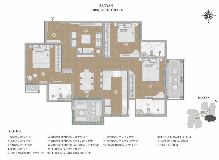 Floor plan of 3 BHK 2105 Sq. Ft. Apartment in Prime Centreo, Bangalore