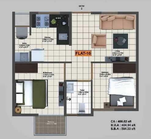 Floor plan of 2 BHK 594 Sq. Ft. Apartment in Prime Symphony, Bangalore