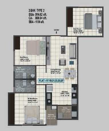 Floor plan of 3 BHK 1136 Sq. Ft. Apartment in Prime Symphony, Bangalore