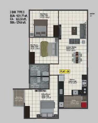 Floor plan of 3 BHK 1274 Sq. Ft. Apartment in Prime Symphony, Bangalore