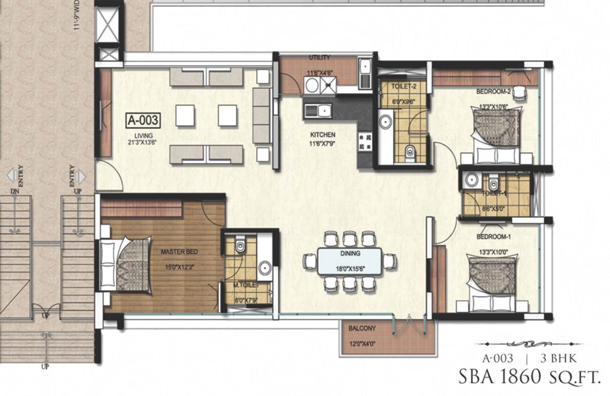 Floor plan of 3 BHK 1860 Sq. Ft. Apartment in Prisha Hanging Gardens, Bangalore