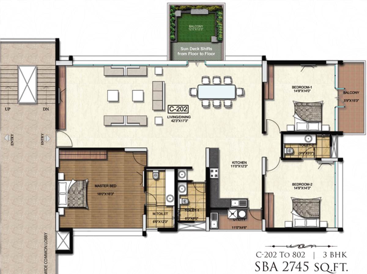 Floor plan of 3 BHK 2745 Sq. Ft. Apartment in Prisha Hanging Gardens, Bangalore