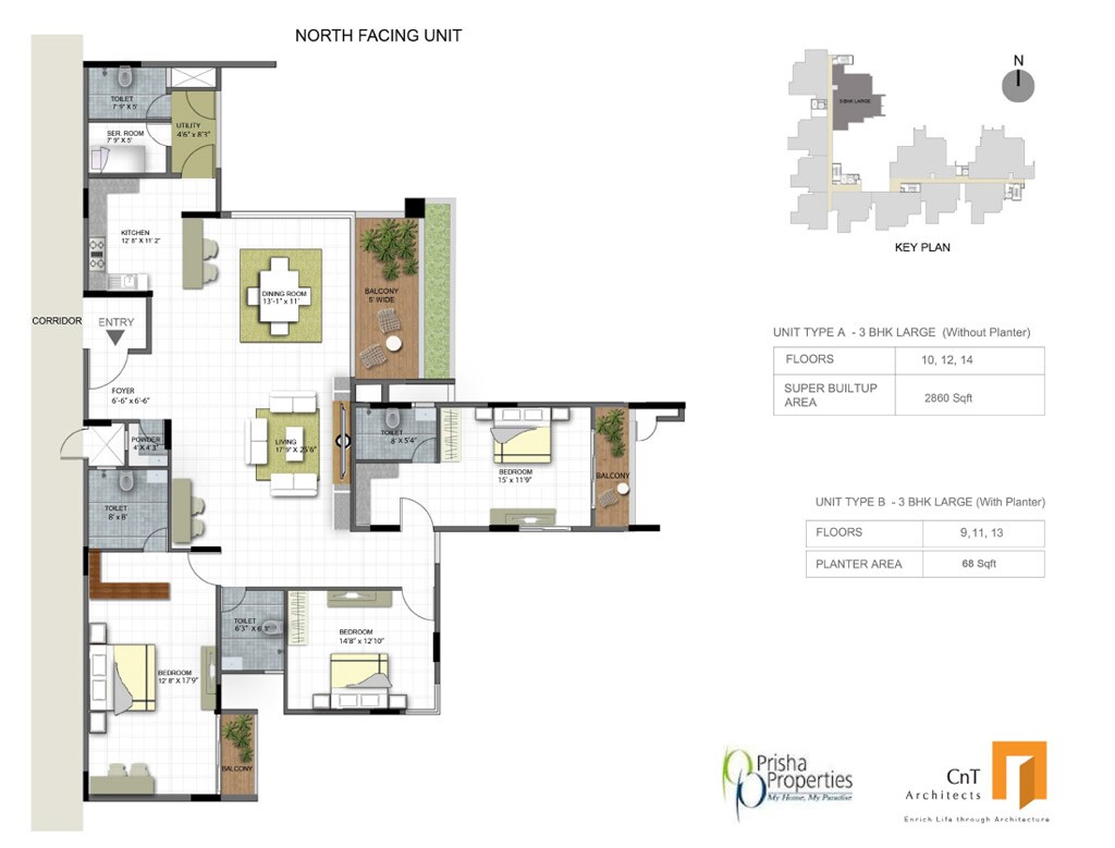 Floor plan of 3 BHK 2860 Sq. Ft. Apartment in Prisha Orchids, Bangalore