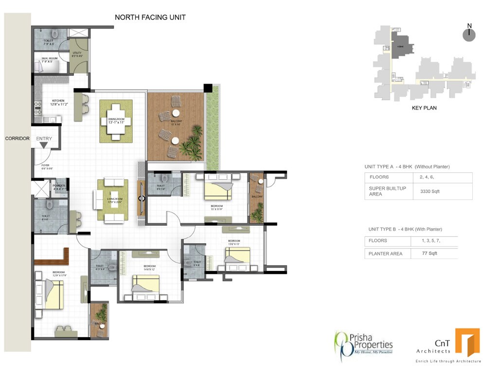 Floor plan of 4 BHK 3330 Sq. Ft. Apartment in Prisha Orchids, Bangalore