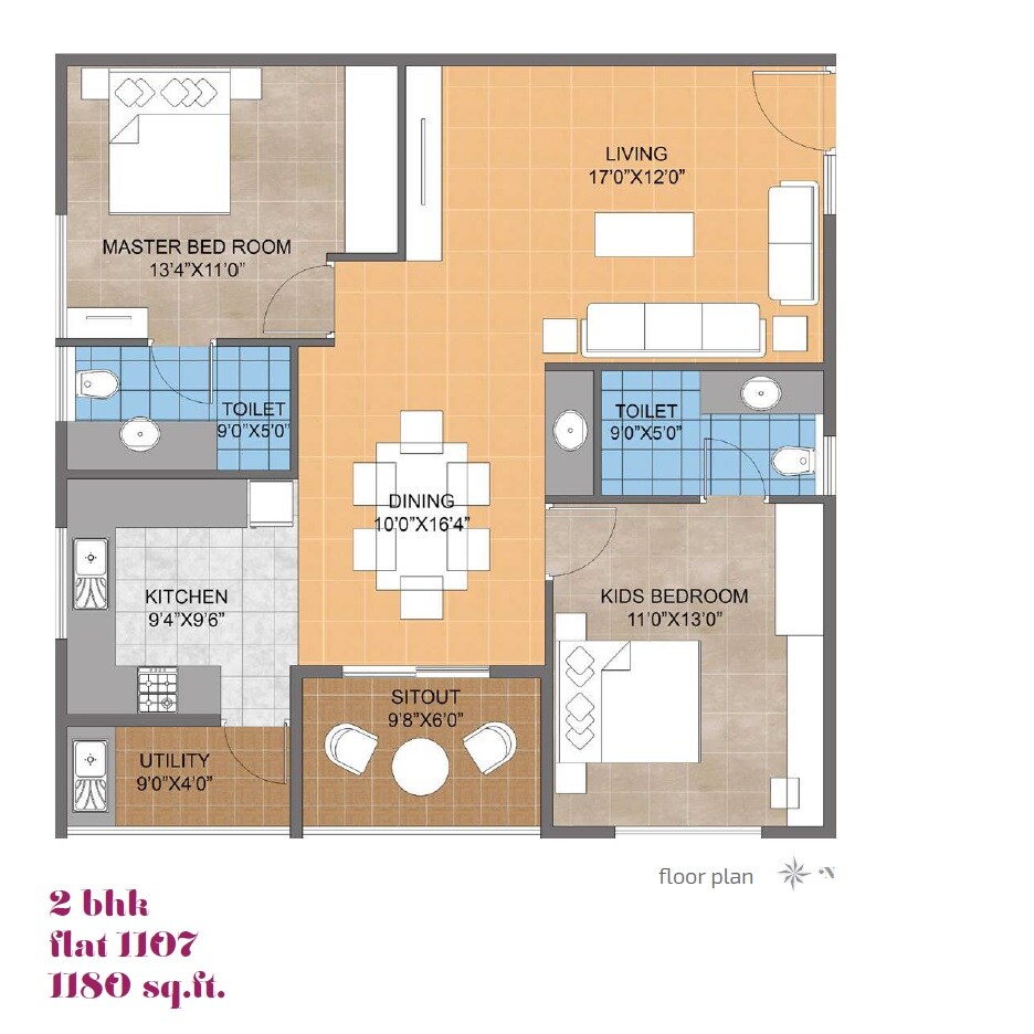 Floor plan of 2 BHK 1180 Sq. Ft. Apartment in Pristine Grove, Bangalore