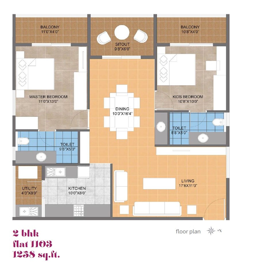Floor plan of 2 BHK 1258 Sq. Ft. Apartment in Pristine Grove, Bangalore