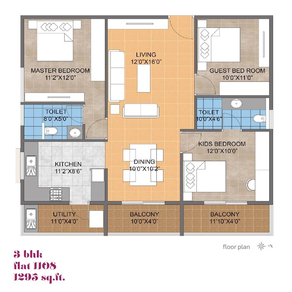 Floor plan of 3 BHK 1295 Sq. Ft. Apartment in Pristine Grove, Bangalore