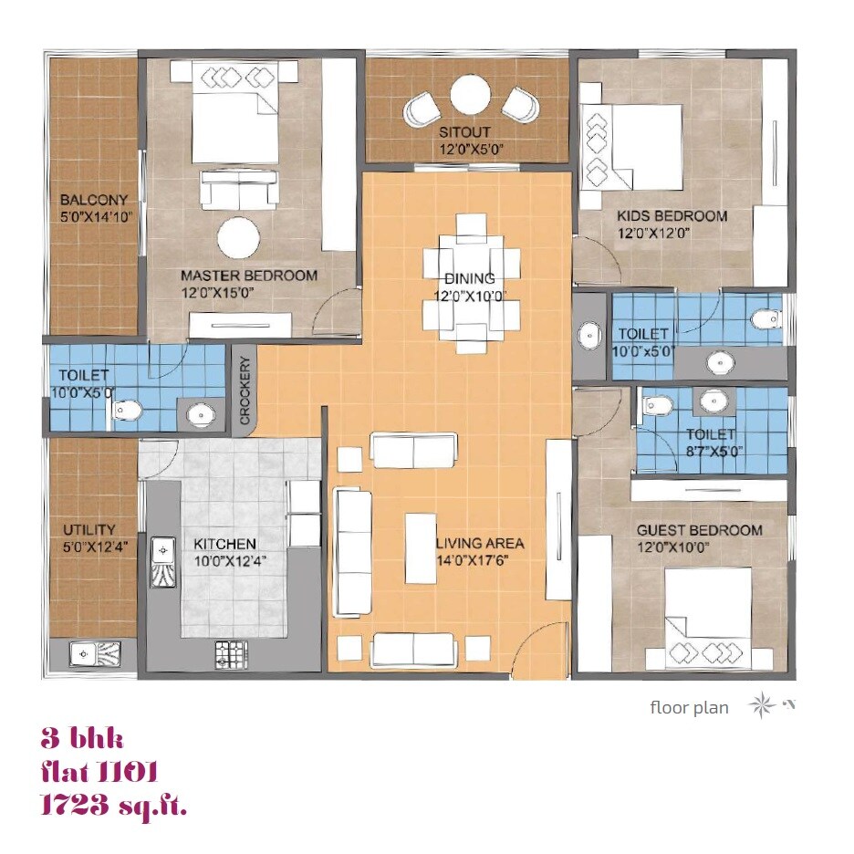 Floor plan of 3 BHK 1723 Sq. Ft. Apartment in Pristine Grove, Bangalore
