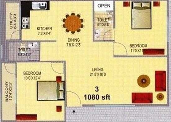 Floor plan of 2 BHK 1080 Sq. Ft. Apartment in Pristine Residency, Bangalore