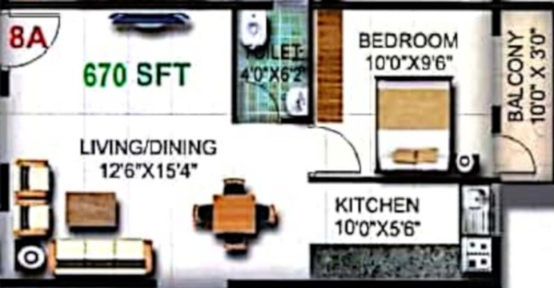 Floor plan of 1 BHK 670 Sq. Ft. Apartment in Pristine Templebells, Bangalore