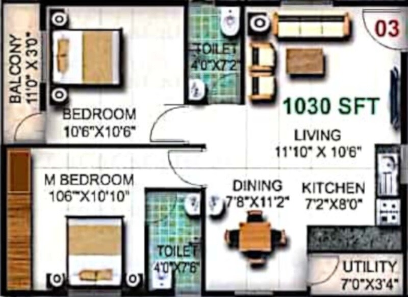 Floor plan of 2 BHK 1030 Sq. Ft. Apartment in Pristine Templebells, Bangalore