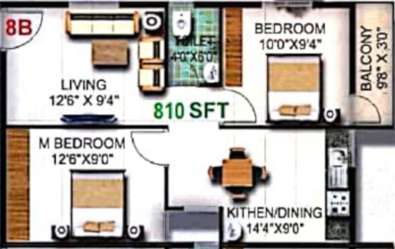 Floor plan of 2 BHK 810 Sq. Ft. Apartment in Pristine Templebells, Bangalore