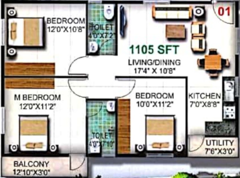 Floor plan of 3 BHK 1105 Sq. Ft. Apartment in Pristine Templebells, Bangalore