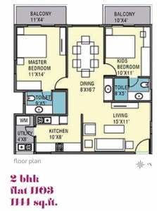 Floor plan of 2 BHK 1144 Sq. Ft. Apartment in PristineMeadows, Bangalore