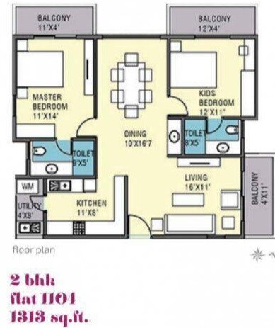 Floor plan of 2 BHK 1313 Sq. Ft. Apartment in PristineMeadows, Bangalore