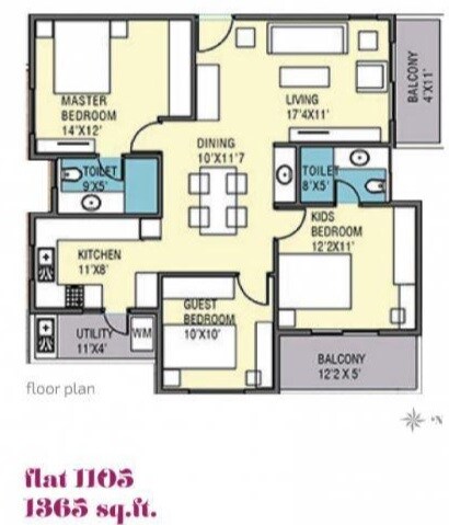 Floor plan of 3 BHK 1365 Sq. Ft. Apartment in PristineMeadows, Bangalore