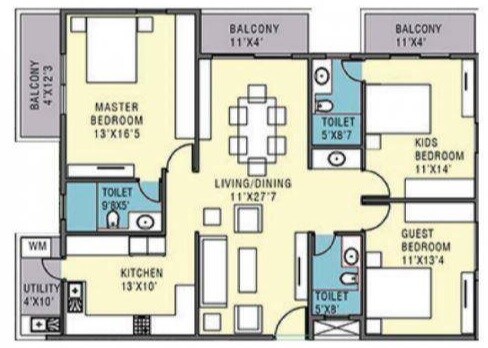 Floor plan of 3 BHK 1733 Sq. Ft. Apartment in PristineMeadows, Bangalore