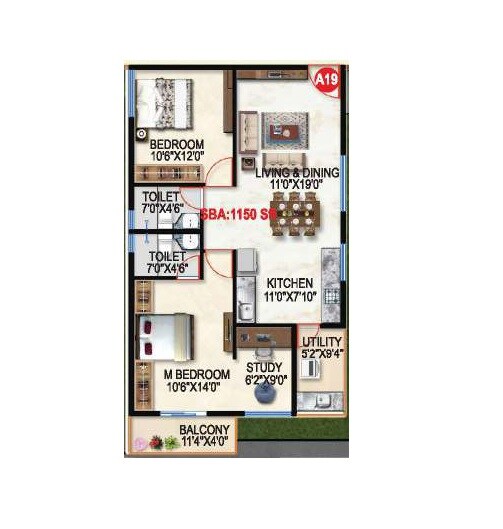 Floor plan of 2 BHK 1150 Sq. Ft. Apartment in Prithvi Desire Tree, Bangalore