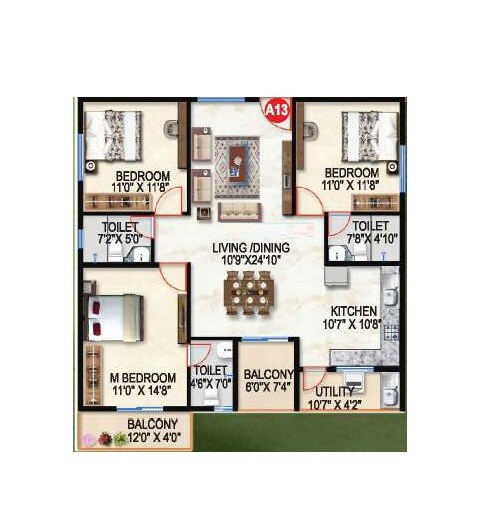 Floor plan of 3 BHK 1380 Sq. Ft. Apartment in Prithvi Desire Tree, Bangalore