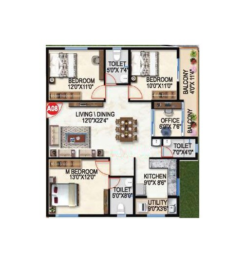 Floor plan of 3 BHK 1480 Sq. Ft. Apartment in Prithvi Desire Tree, Bangalore