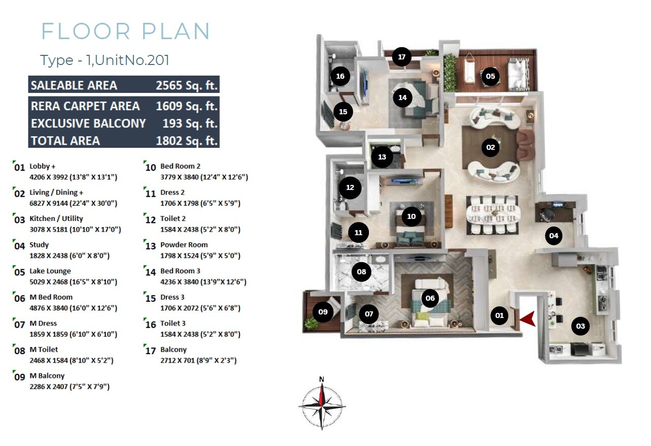 Floor plan of 3 BHK 2565 Sq. Ft. Apartment in Privae Watersong, Bangalore