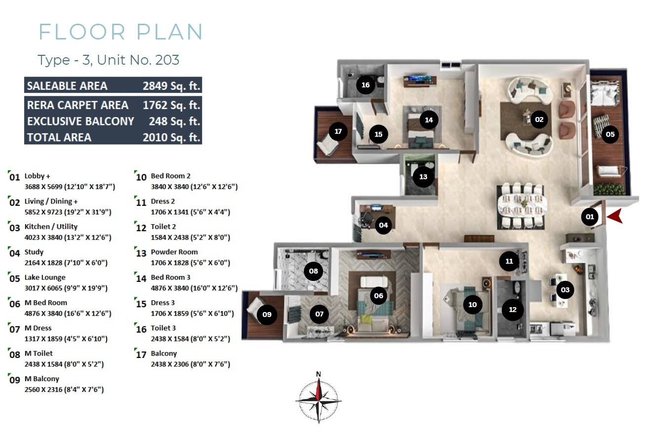 Floor plan of 3 BHK 2849 Sq. Ft. Apartment in Privae Watersong, Bangalore