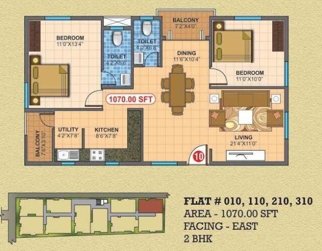 2 BHK 1070 Sq. Ft. Apartment