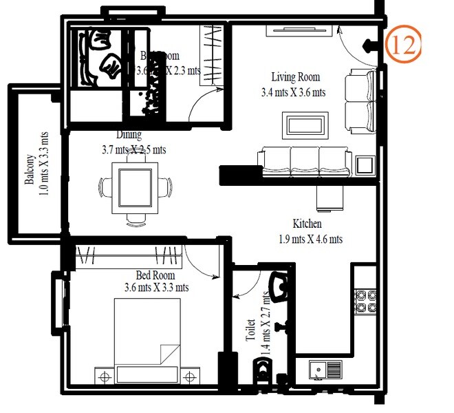 Floor plan of 1 BHK 1018 Sq. Ft. Apartment in Profound Symphony, Bangalore