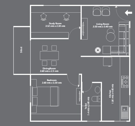 Floor plan of 1 BHK 1108 Sq. Ft. Apartment in Profound Symphony, Bangalore