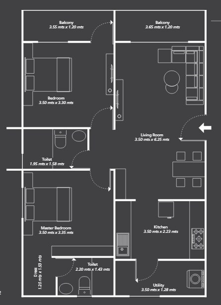 Floor plan of 2 BHK 1247 Sq. Ft. Apartment in Profound Symphony, Bangalore